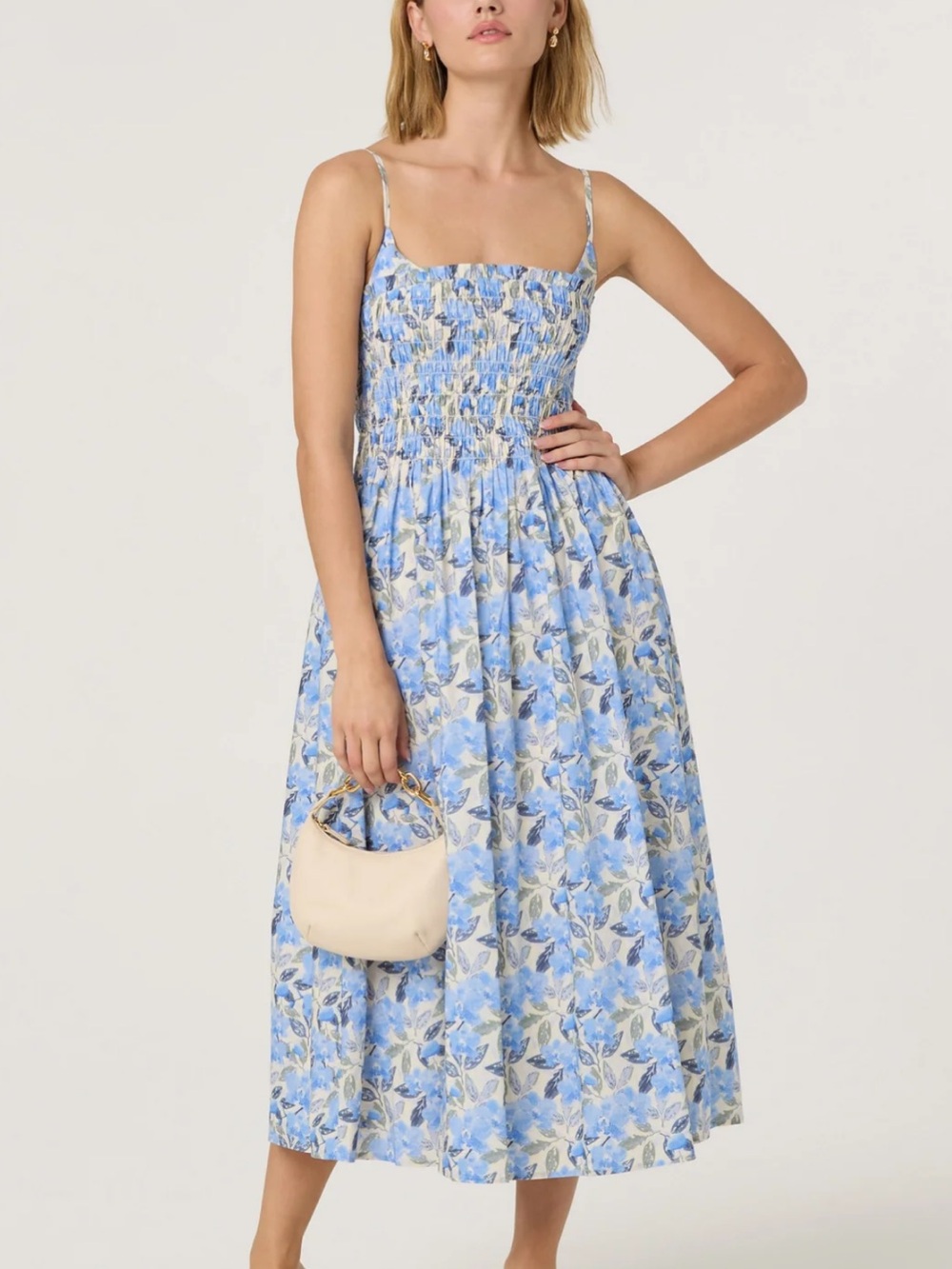 Astr the Label Blue Floral Smocked Midi Dress - Lightweight Summer Dress